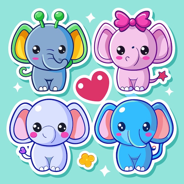 Vector four cute cartoon elephants with different accessories and colors