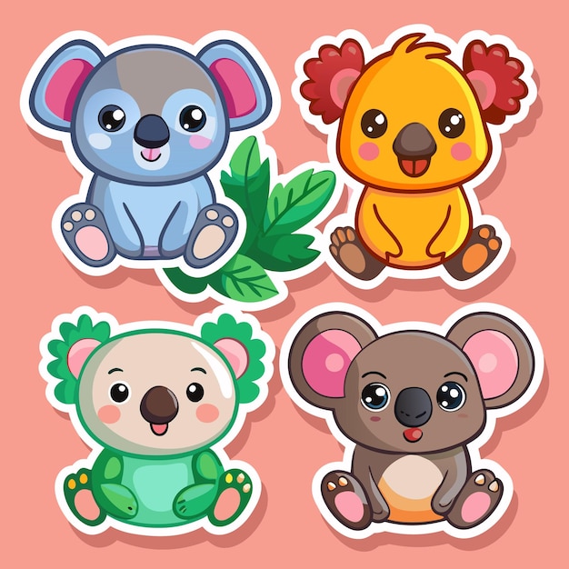 Vector four cute cartoon koalas stickers in different colors