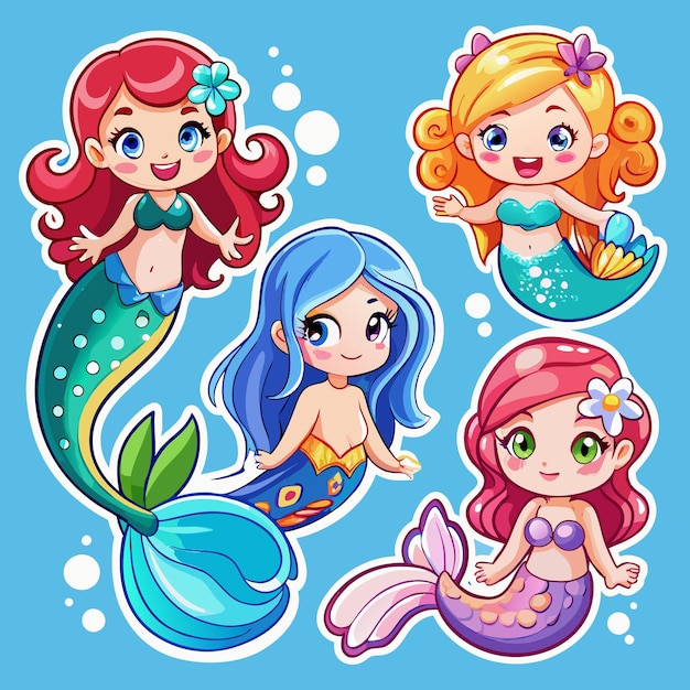 Vector four cute cartoon mermaids with different colored tails and hair