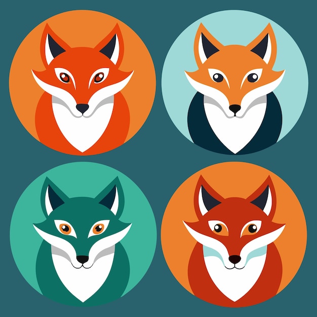 Vector four cute fox faces in circles