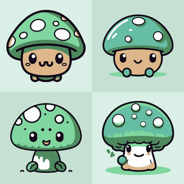 Four cute mushrooms in different styles including a mushroom.