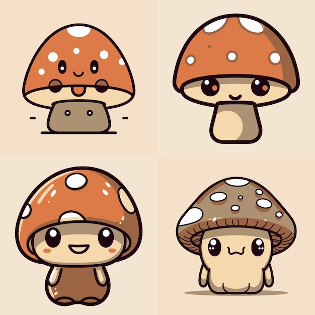 Four cute mushrooms in four different styles, one of which is a mushroom.