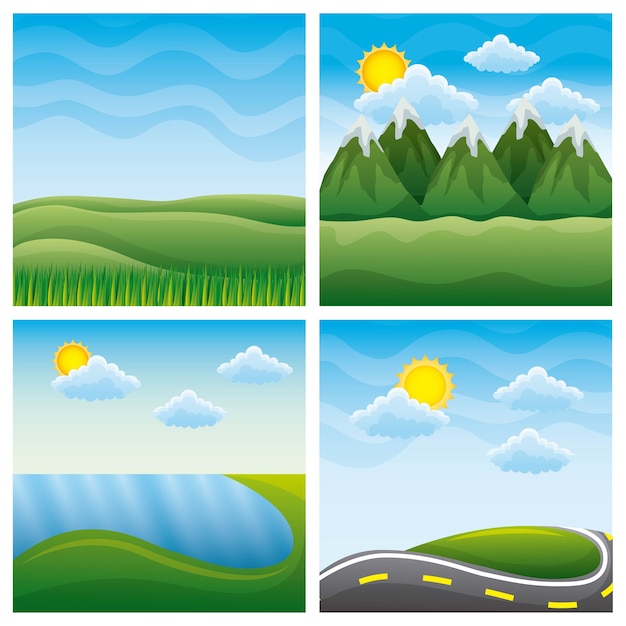 Vector four different beautiful scenes of nature landscapes