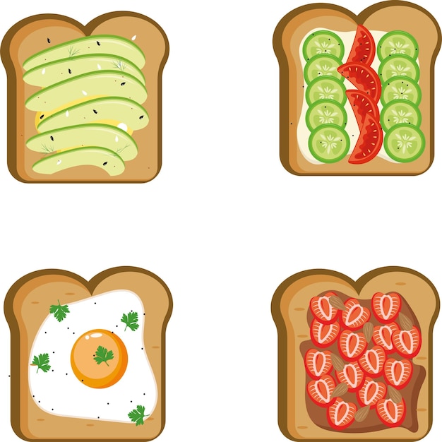 four different bread toasts avocado cucumber and tomato fried egg and strawberry almond Nutella