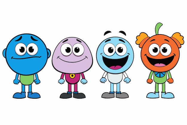 four different characters with different faces and one has a smile on his face