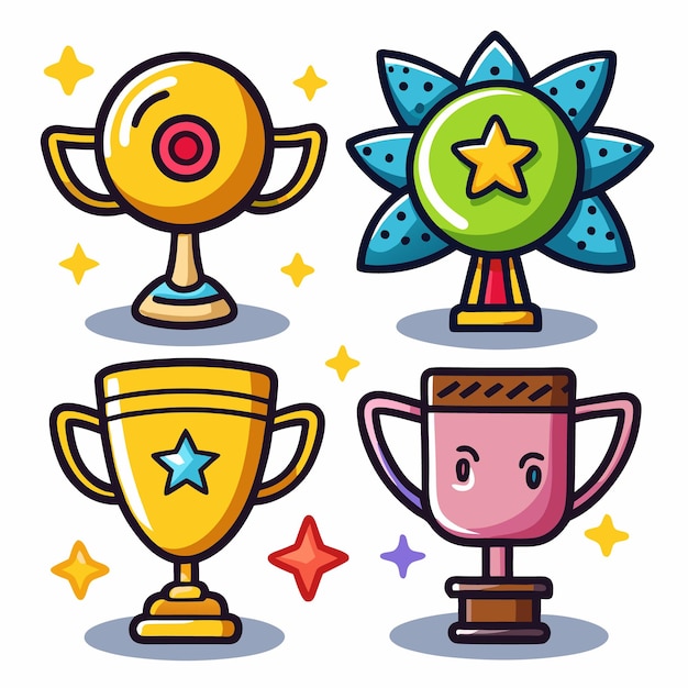 Vector four different colored trophies with stars on a white background