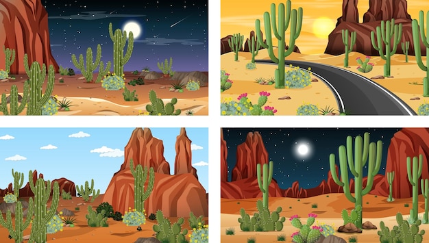 Four different desert forest landscape scenes with various desert plants