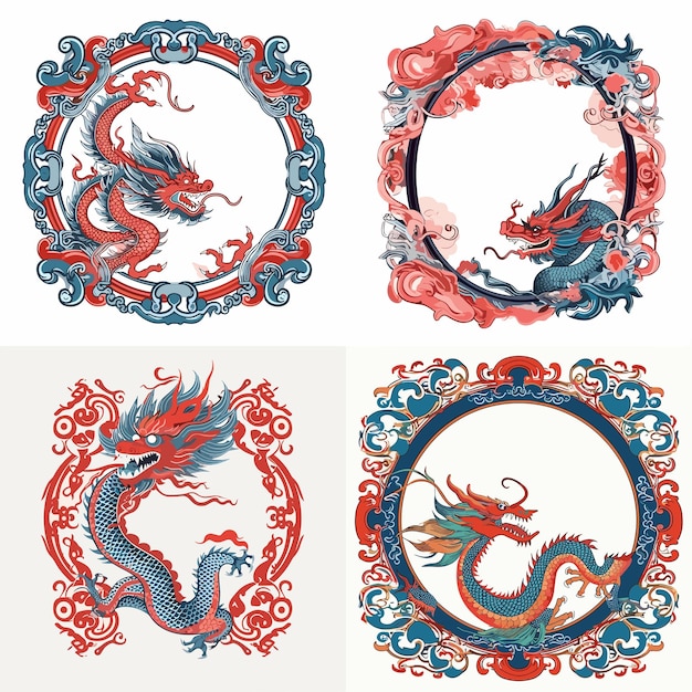 Vector four different dragon designs with a red and blue frame