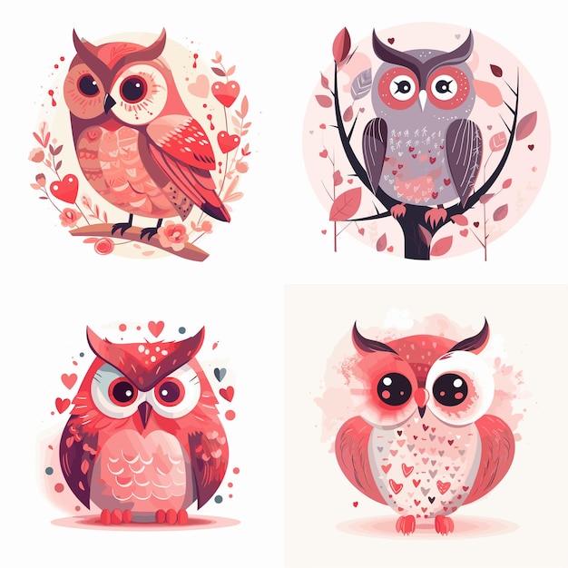 Four different drawings of owls with hearts on them