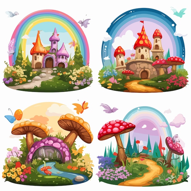 Vector four different fantasy world scenes with beautiful landscapes