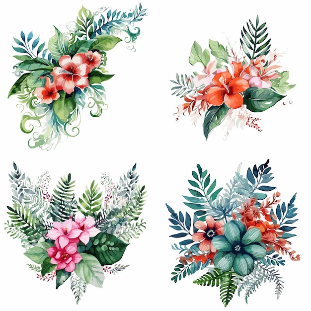 Four different flower arrangements are shown in a row