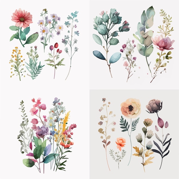 Vector four different flower paintings with a variety of colors and styles