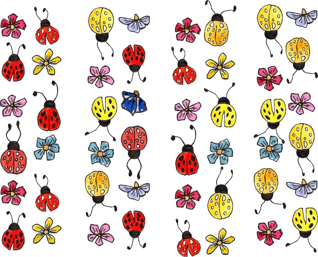 Four different patterns with ladybugs and flowers Hand drawn Watercolor and liner