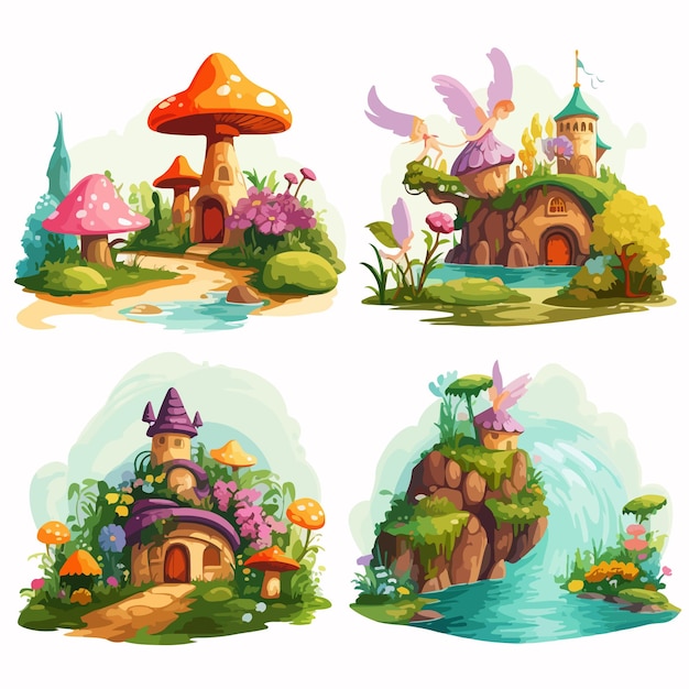 Vector four different scenes of fantasy world a magical world exploration