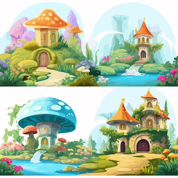 Vector four different scenes of fantasy world a magical world exploration