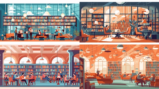 Vector four different scenes of a library with people sitting and reading