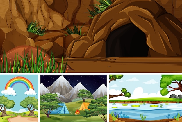 Four different scenes in nature setting cartoon style