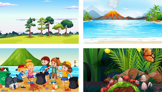 Four different scenes with children cartoon character