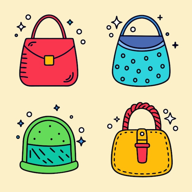 Vector four different style handbags in a cartoon doodle style