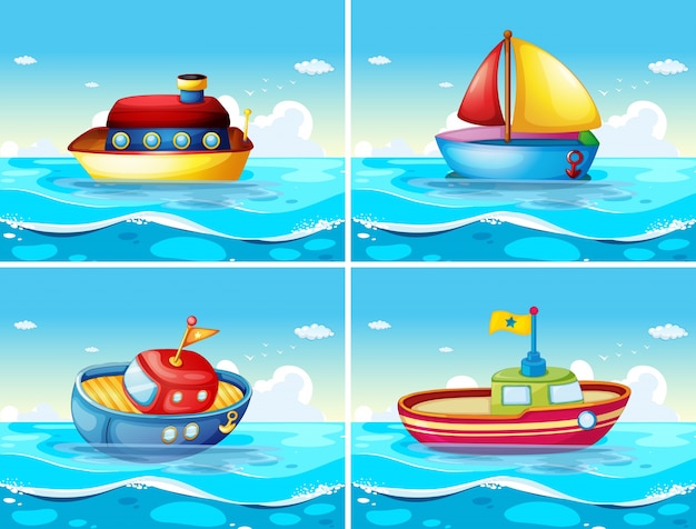 Four different types of boats floating on the sea illustration