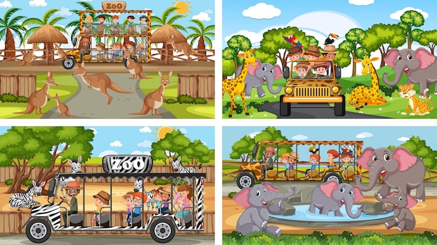 Four different zoo scenes with kids and animals