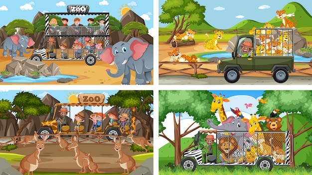 Four different zoo scenes with kids and animals