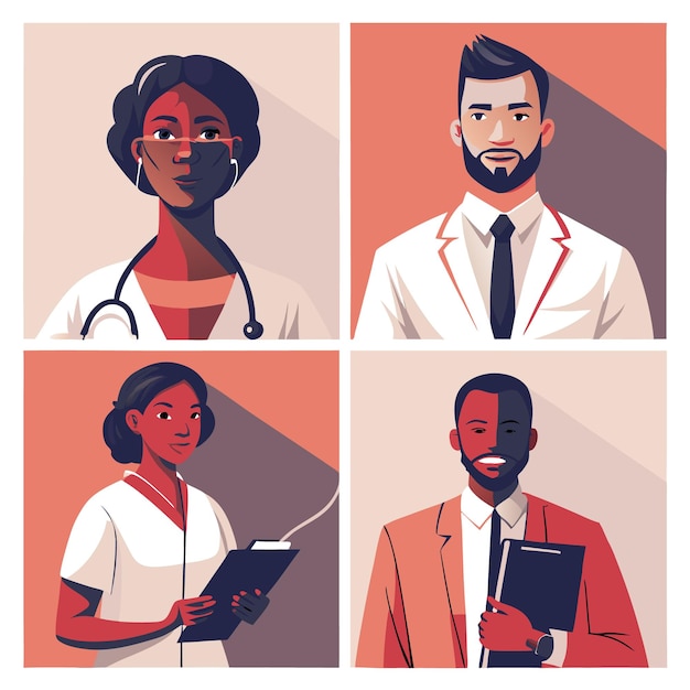 Vector four diverse individuals in professional attire including a doctor a nurse and two businesspeople