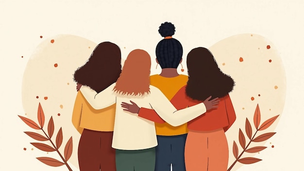 Vector four diverse women standing together with arms around each other