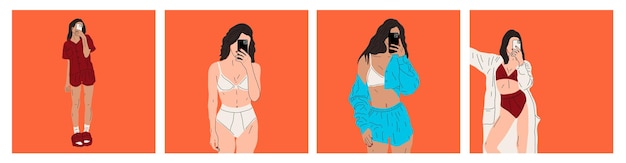 Four fashion illustrations. Beautiful young women takes a selfie in her underwear and robe.