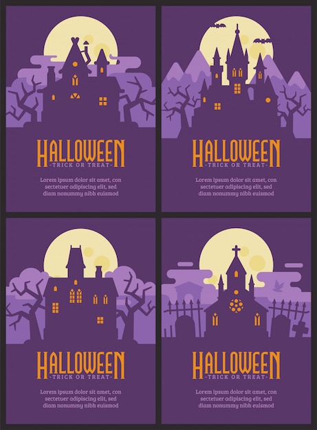 Four flyers with Halloween houses