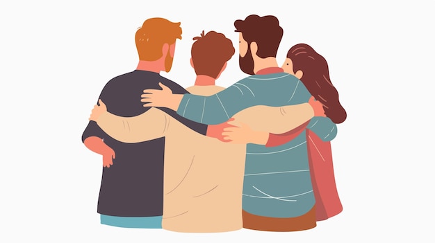 Vector four friends hugging rear view warm friendship