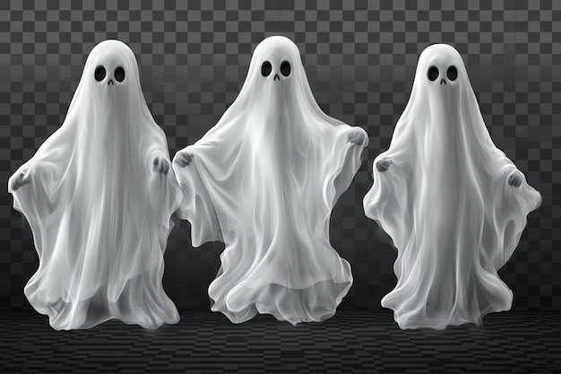 four ghost ghosts in a row with eyes on a dark background