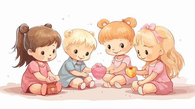 Vector four girls playing with pink bear illustration