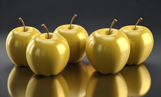 Vector four golden apples with reflections on black background