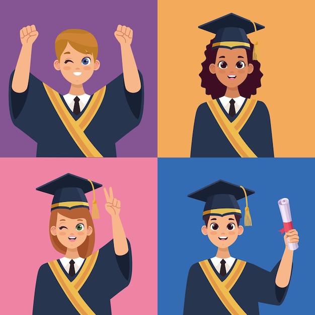 Four graduates celebrating characters