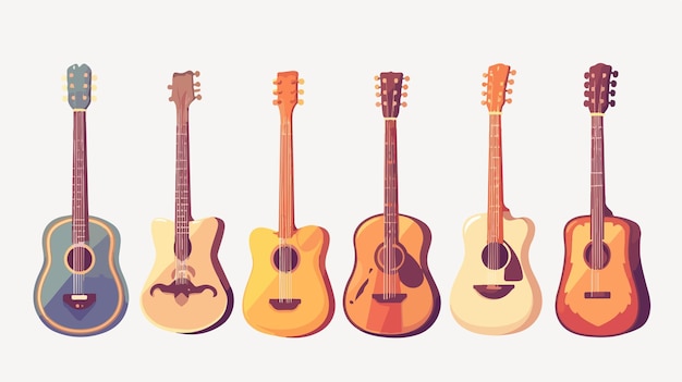 four guitars of different colors are shown on a white background