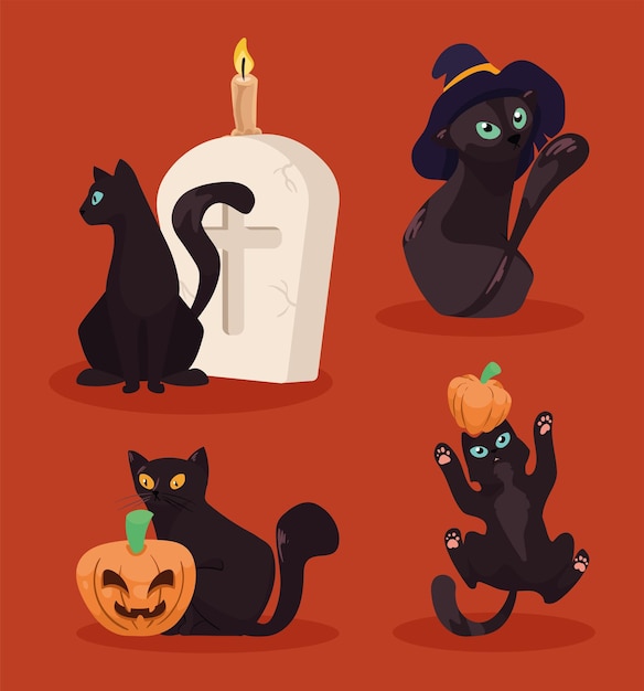 Four halloween cats mascots