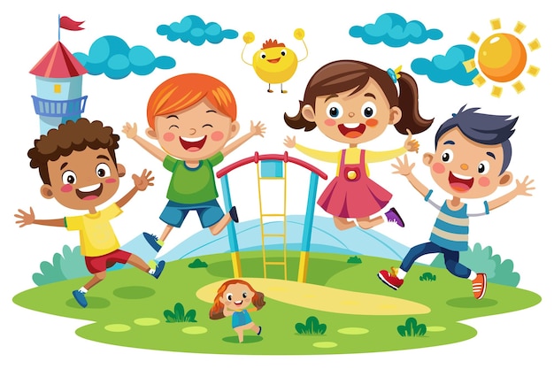 Four happy children playing and jumping in a park with a swing set a toy doll a bird clouds and a castle in the background