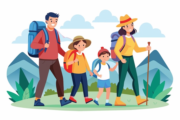 Vector four happy family members parents and kids joyfully hike in sunny mountains smiling they relish their outdoor adventure