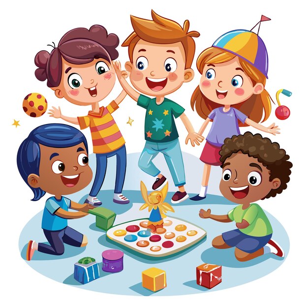 Vector four happy kids playing a board game with colorful toys and blocks