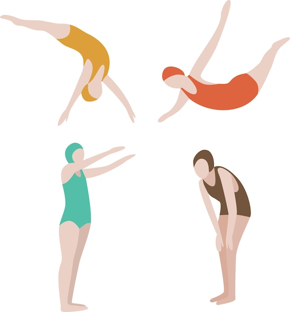 Four individual flat style vector divers in retro swimming suits and caps jumping