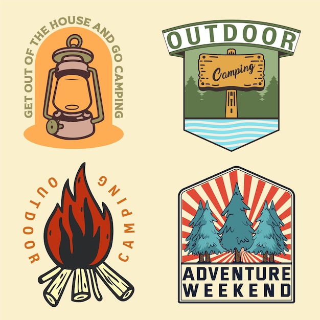 Four logos for outdoor camping including a sign that says adventure weekend.