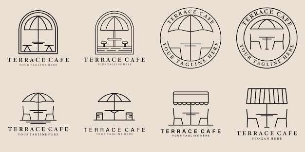 Four logos for terrace cafe, including a table and chairs.