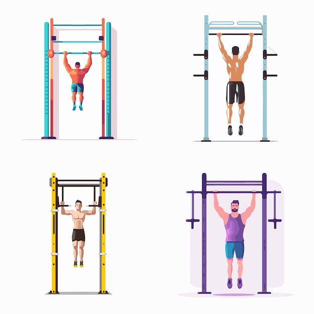 Vector four men are hanging from a bar each with different colored shorts