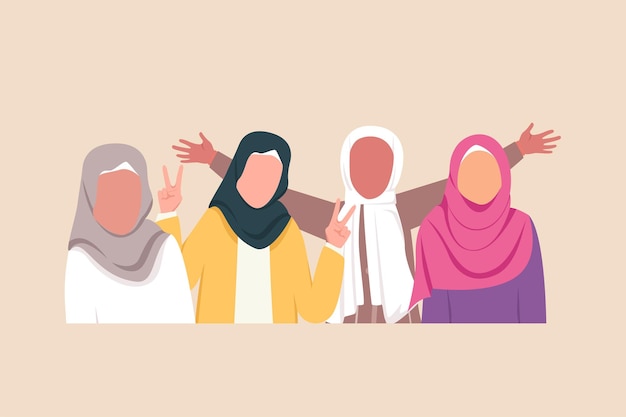 Four muslim women happy with different skin color hijabs and shirts Diversity concept Flat vector illustration isolated