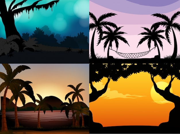 Four nature scenes with silhouette trees