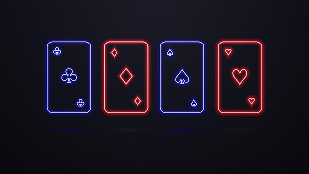 Four neon cards of different suits Red and blue bright glowing silhouettes of cards