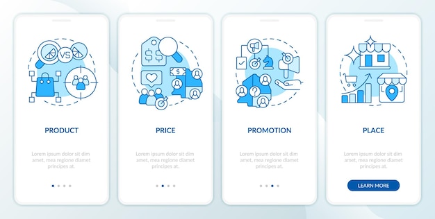 Four P marketing mix blue onboarding mobile app screen