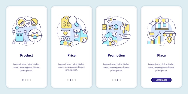 Four P marketing mix onboarding mobile app screen