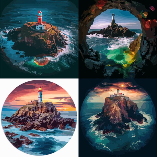 Vector four paintings of lighthouses on rocky islands